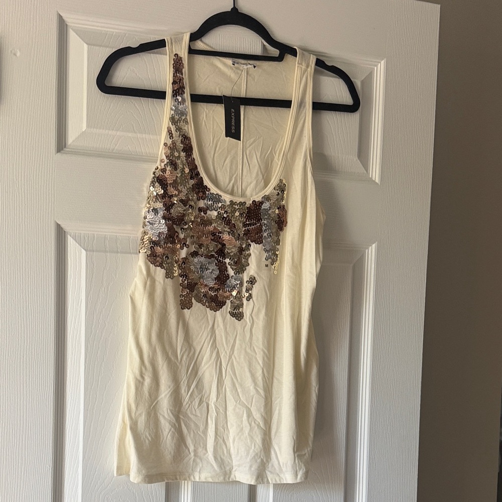 Express Cream Scoop Neck Sequin Embellished Tank
